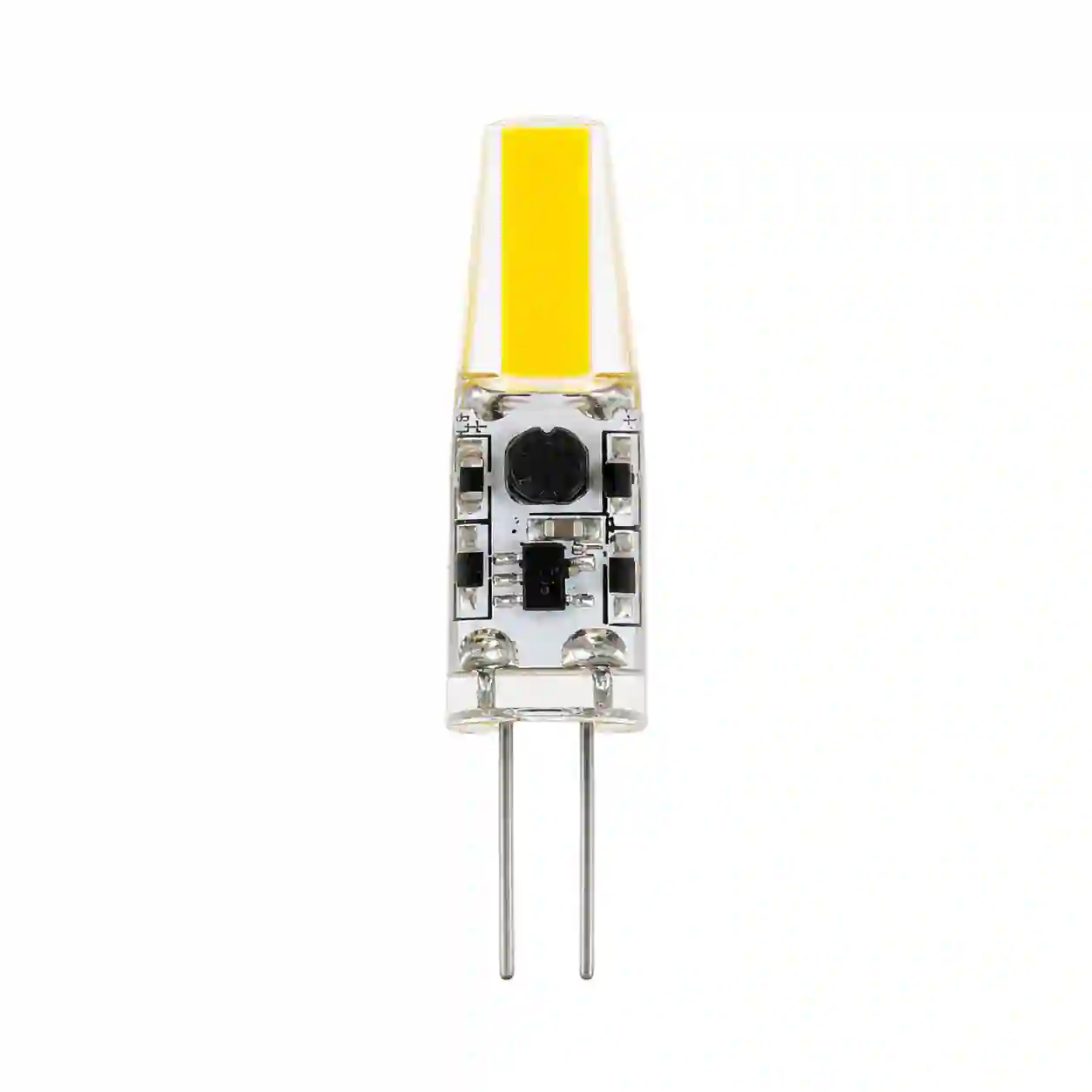 LED žárovka G4 COB s viditelným čipem na paticovém konci na bílém pozadí